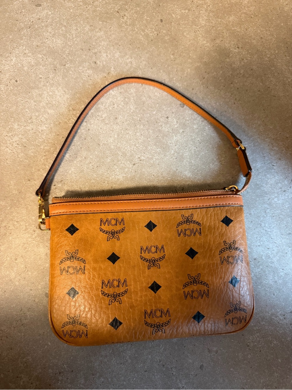 MCM Cognac Visetos Logo Wristlet with Gold Hardware